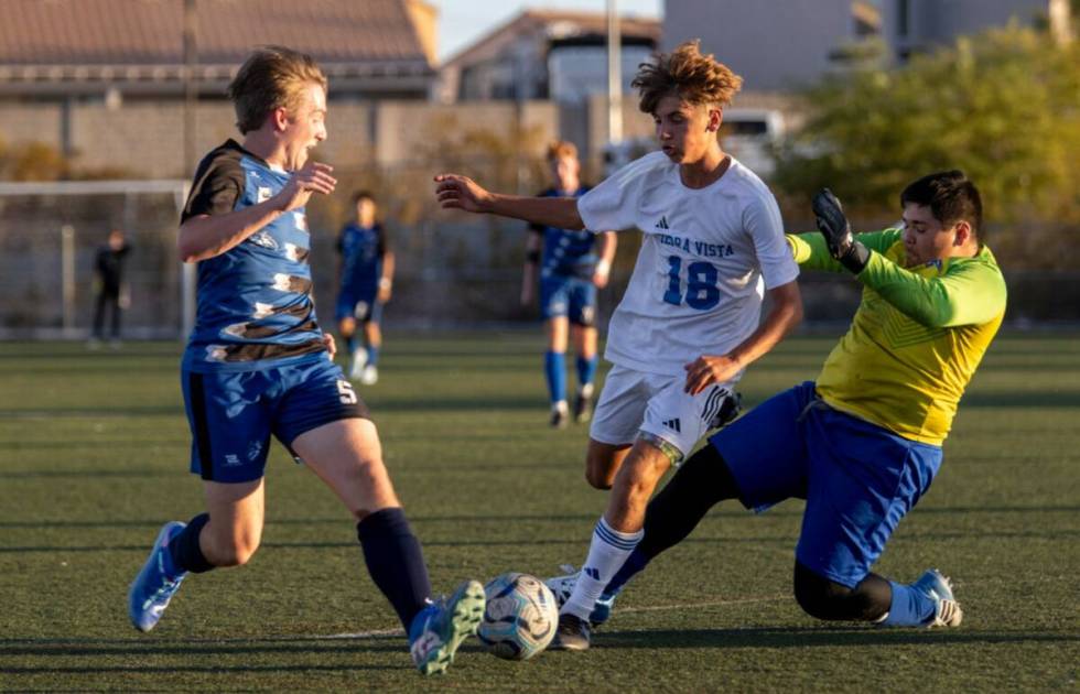 Sierra Vista midfielder Alex Campbell (18) competes for the ball during the high school soccer ...