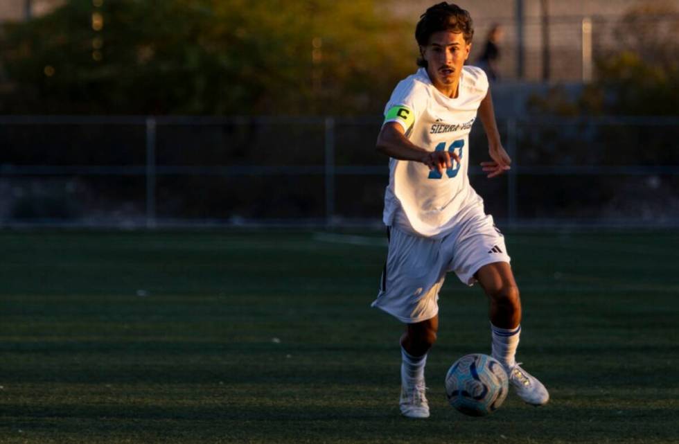 Sierra Vista senior Lazzar Ramos (10) competes during the high school soccer game against Basic ...