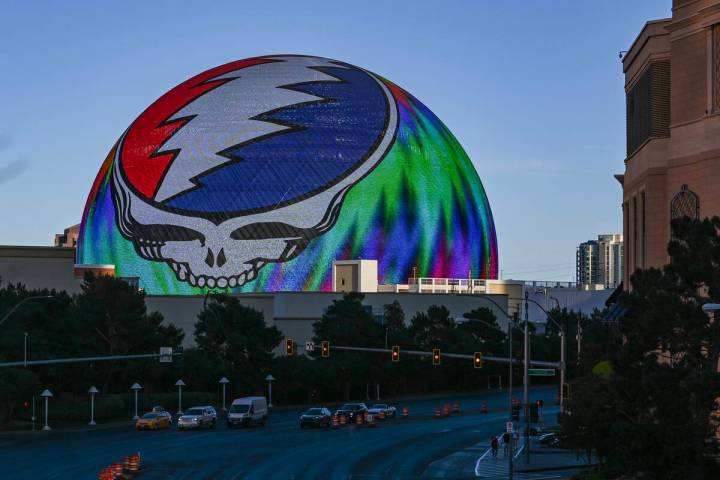 A graphic advertising the upcoming shows of Dead & Company is seen on the Sphere in Las Veg ...