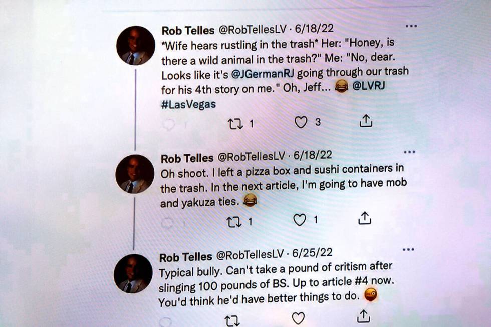 Tweets from Robert Telles are shown on the sixth day of Telles’ murder trial at the Regi ...