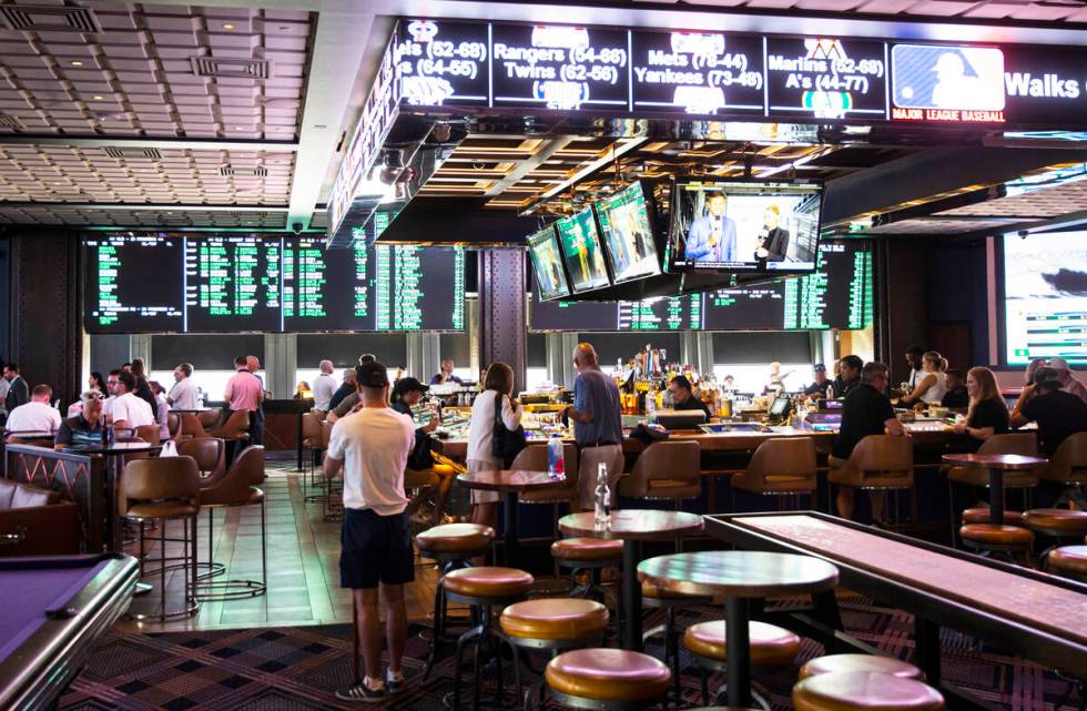 The BetMGM Sportsbook at The Cosmopolitan of Las Vegas on Monday, Aug. 22, 2022, in Las Vegas. ...