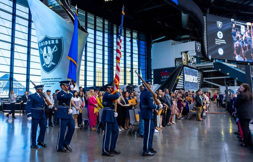 The Nellis Air Force Base Honor Guard presents the colors during a naturalization ceremony at A ...