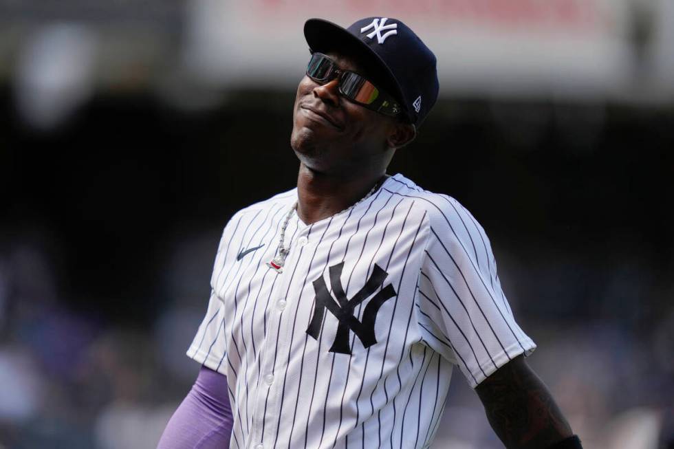 New York Yankees third baseman Jazz Chisholm Jr. reacts after Toronto Blue Jays' George Springe ...