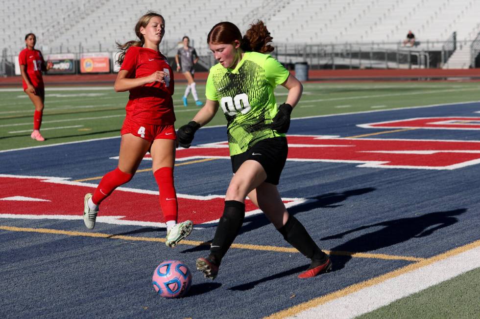 Coronado goaltender Emma Duda makes a save against Arbor View during a high school soccer game ...