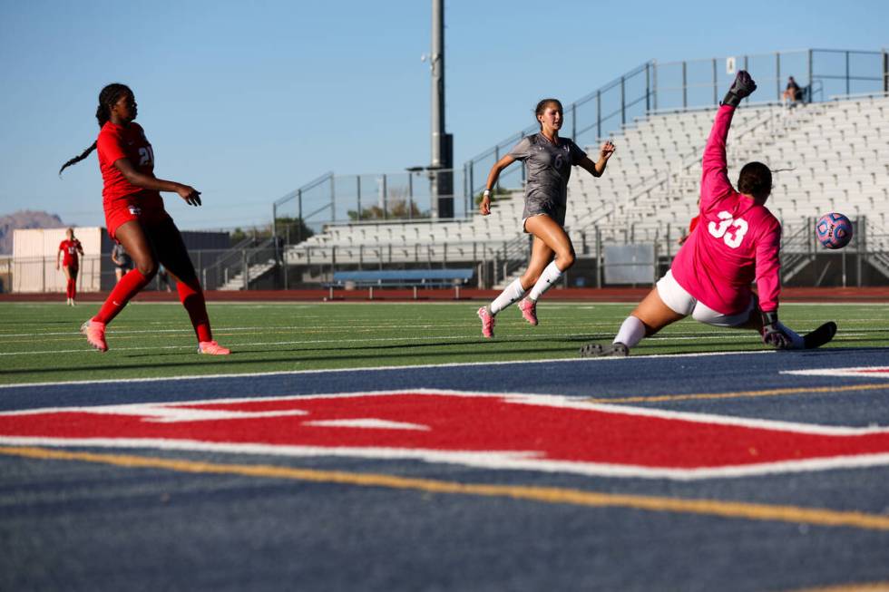 Arbor View goalkeeper Emily Marks (33) saves an attempted goal by Coronado forward Jazmine McCa ...