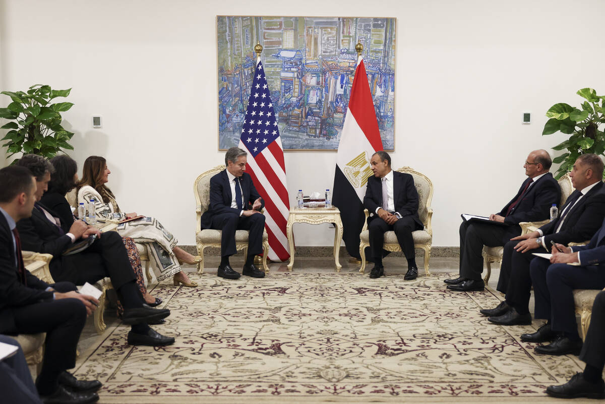 U.S. Secretary of State Antony Blinken, left, meets with Egypt's Foreign Minister Badr Abdelatt ...