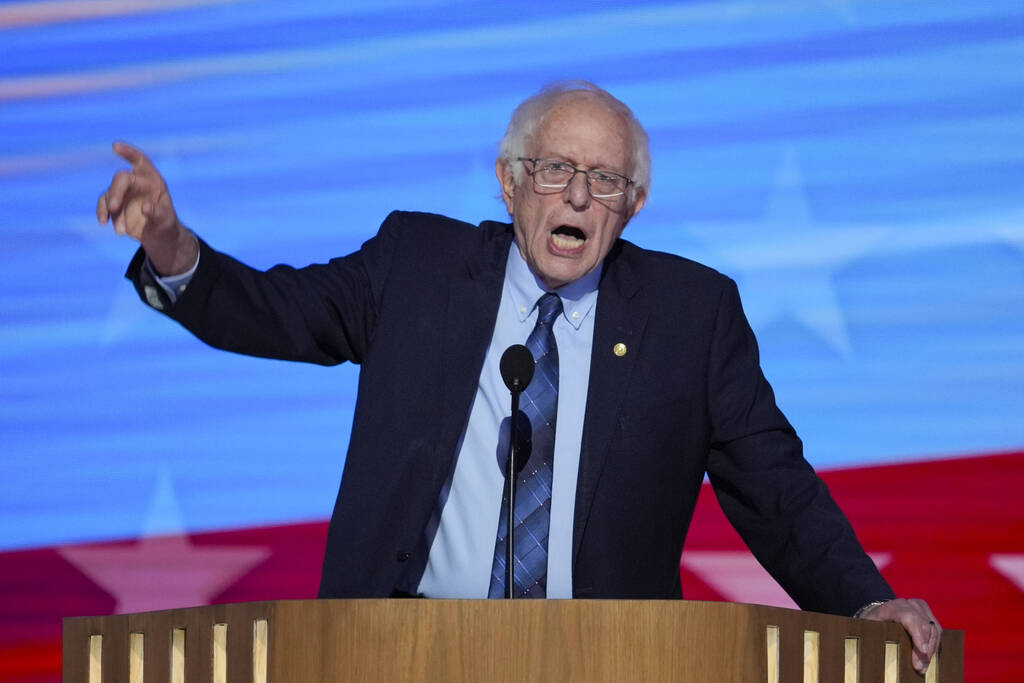 Sen. Bernie Sanders, I-VT., speaking during the Democratic National Convention Tuesday, Aug. 20 ...