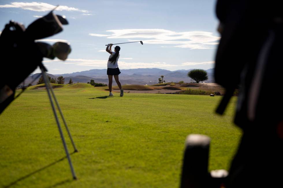 Coronado’s Justice Pantelas-Hemmers begins hole 11 during the 5A Desert League girls gol ...