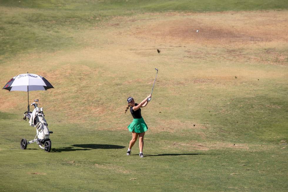 Palo Verde’s Gia Polonia competes during the 5A Desert League girls golf match at The Re ...