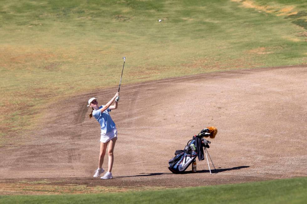 Liberty’s Mikayla Weinberger competes during the 5A Desert League girls golf match at Th ...