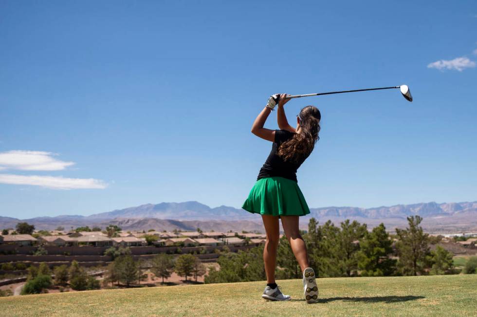 Palo Verde’s Victoria Cornejo drives the ball during the 5A Desert League girls golf mat ...