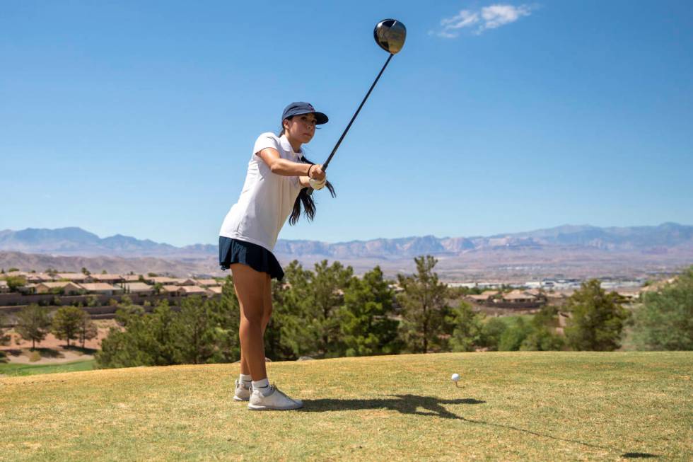 Coronado’s Justice Pantelas-Hemmers looks at her club during the 5A Desert League girls ...