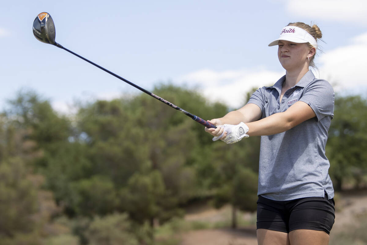 Faith Lutheran’s Lisa Harding lines up her shot during the 5A Desert League girls golf m ...