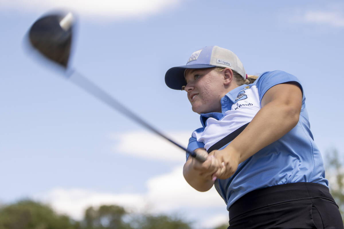 Centennial’s Jessica Knaub drives her ball during the 5A Desert League girls golf match ...