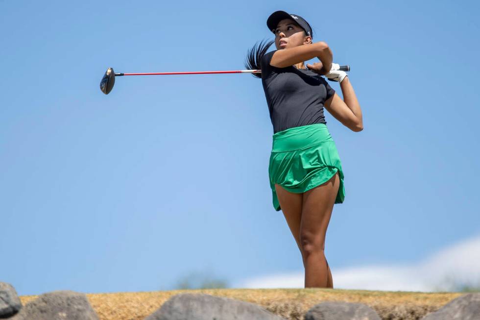 Palo Verde’s Ava Patag watches her ball drive down the fairway during the 5A Desert Leag ...