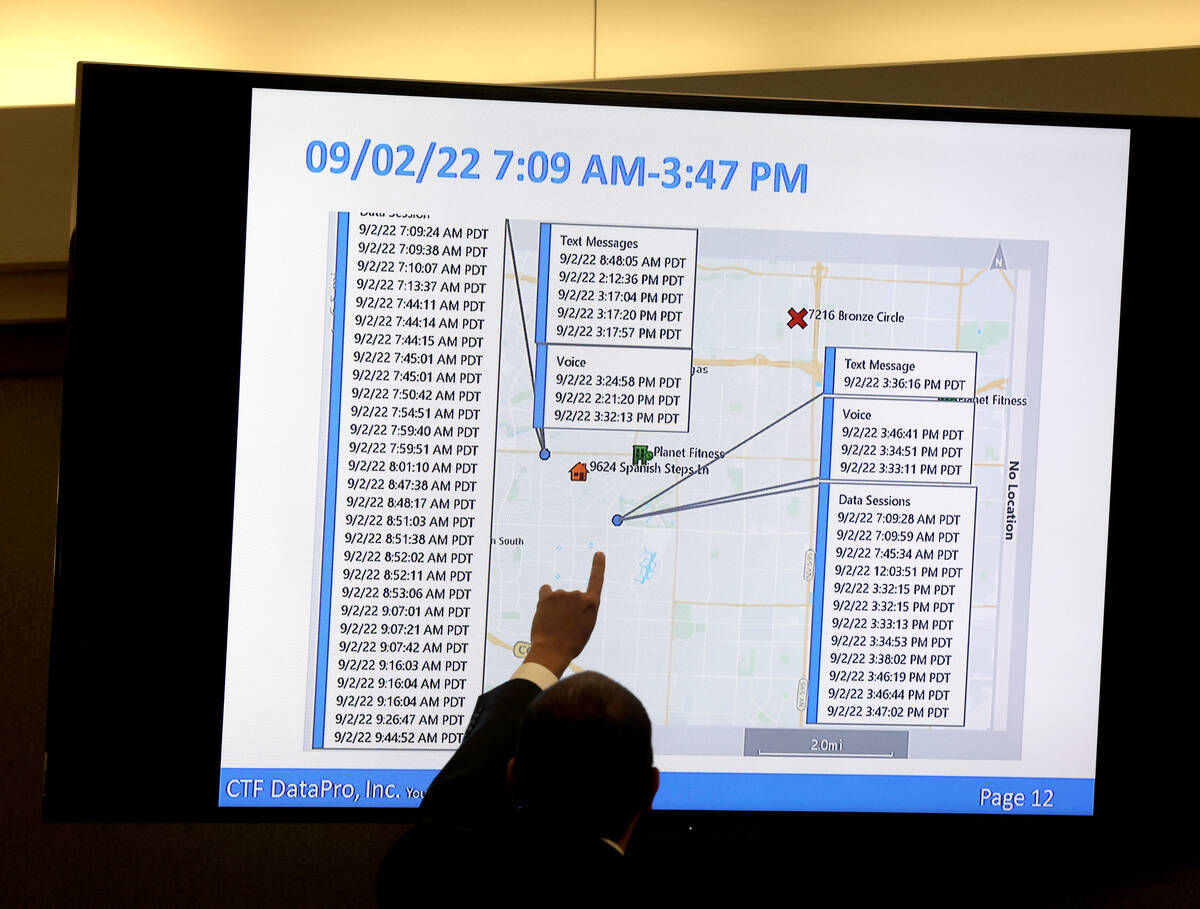 Chief Deputy District Attorney Christopher Hamner presents an evidence slide showing locations ...