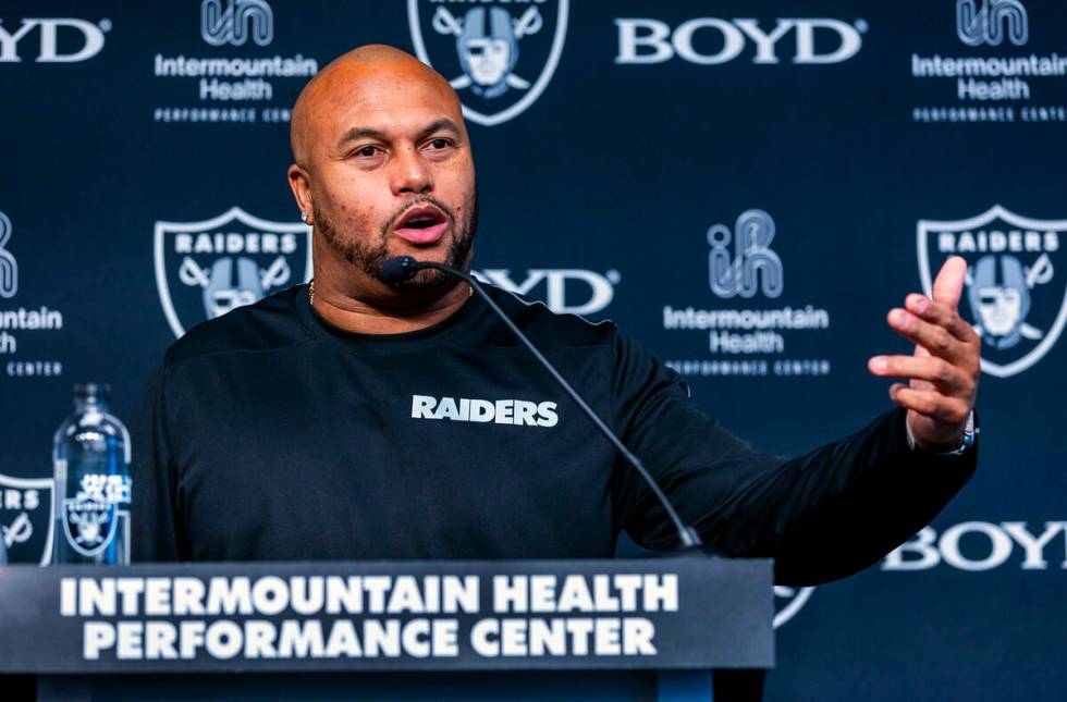 Raiders head coach Antonio Pierce speaks at the Intermountain Health Performance Center on Wedn ...