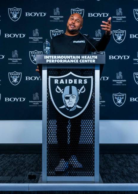 Raiders head coach Antonio Pierce speaks at the Intermountain Health Performance Center on Wedn ...