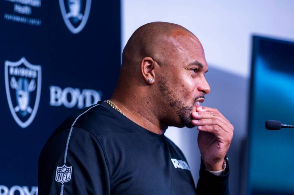 Raiders head coach Antonio Pierce speaks at the Intermountain Health Performance Center on Wedn ...