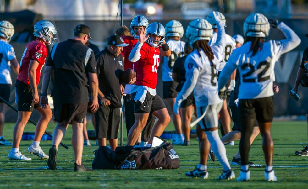 Raiders quarterback Gardner Minshew (15) waves to teammates during practice at the Intermountai ...