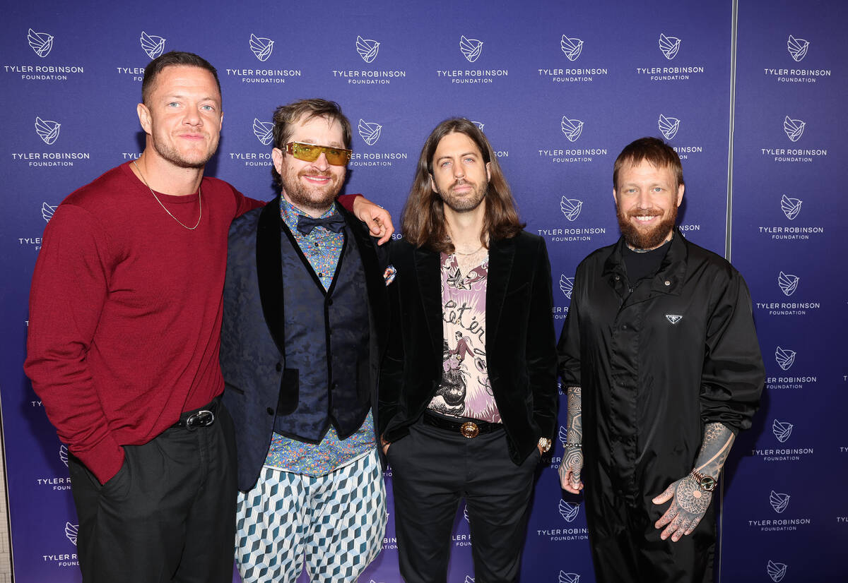 Dan Reynolds, (L-R) Daniel Platzman, Wayne Sermon and ben McKee of Imagine Dragons attend Imagi ...