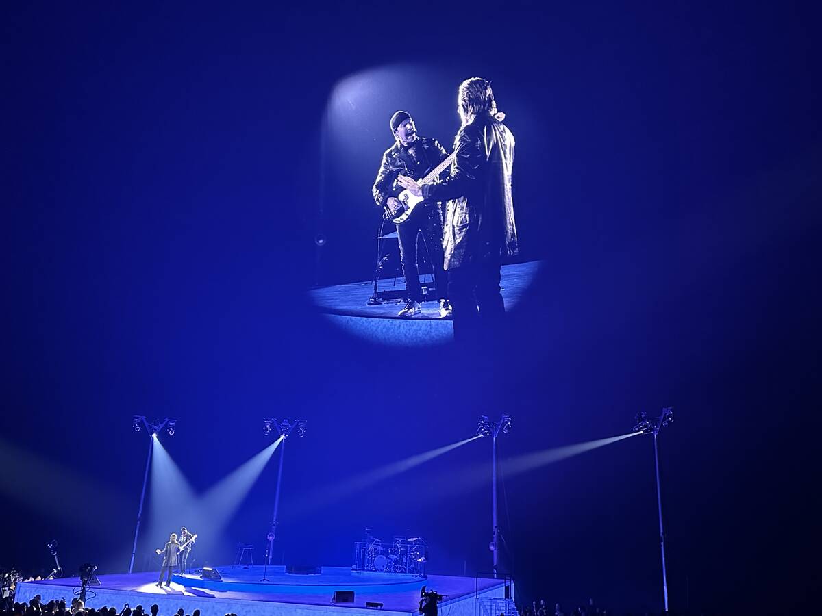 U2 is shown during the premiere of "U2 UV: Achtung Baby" at the Sphere on Friday, Sept. 29, 202 ...