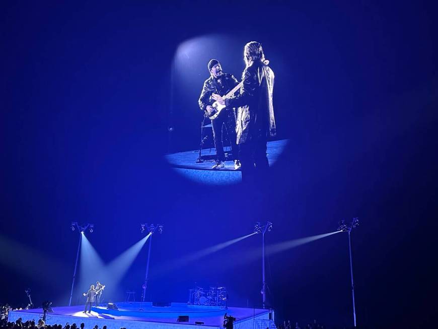 U2 is shown during the premiere of "U2 UV: Achtung Baby" at the Sphere on Friday, Sept. 29, 202 ...