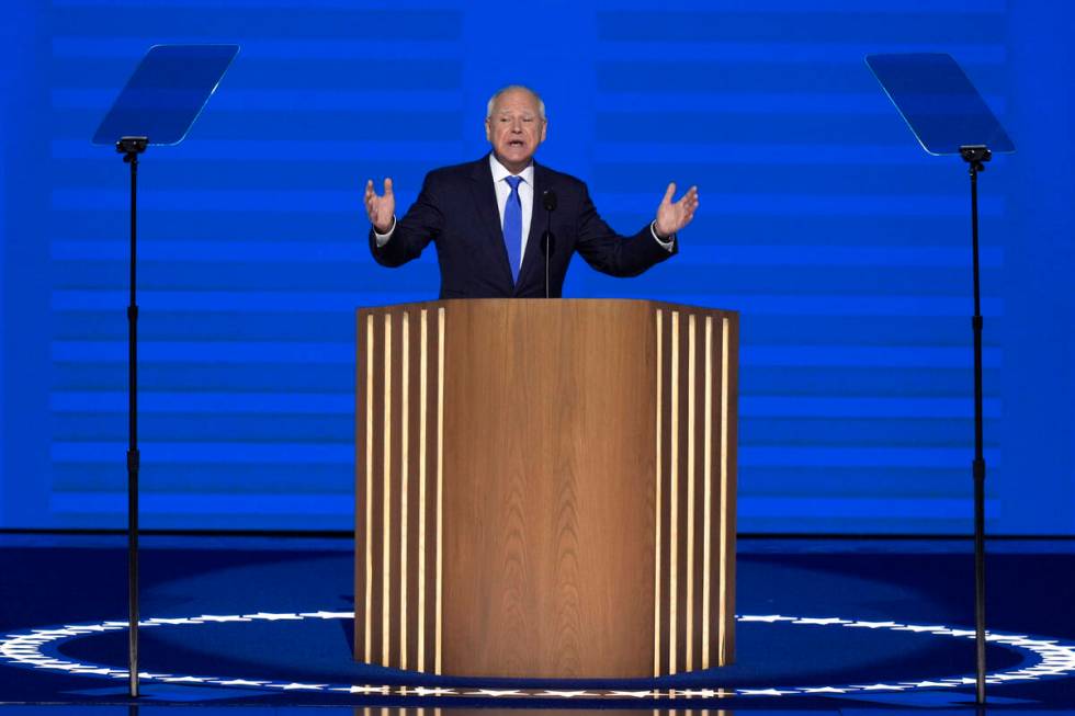 Democratic vice presidential nominee Minnesota Gov. Tim Walz speaks during the Democratic Natio ...