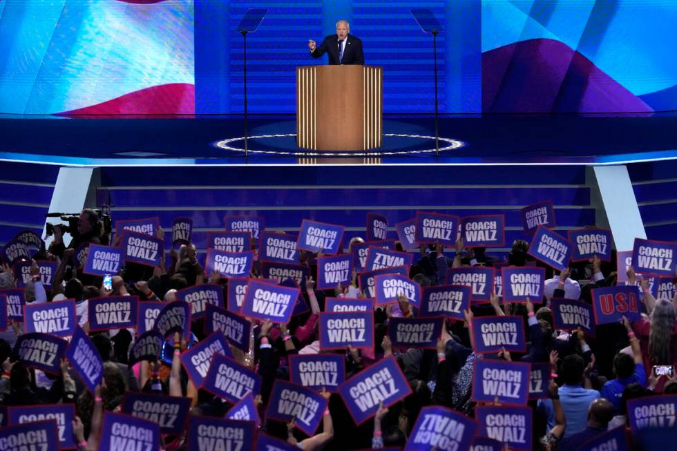 Democratic vice presidential nominee Minnesota Gov. Tim Walz speaks during the Democratic Natio ...