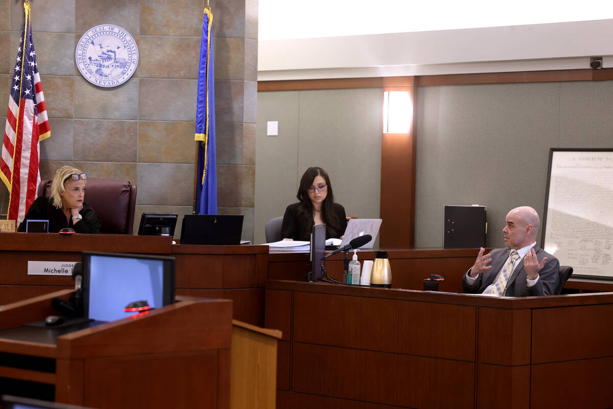 Robert Telles speaks to District Judge Michelle Leavitt from the witness stand on the eighth da ...