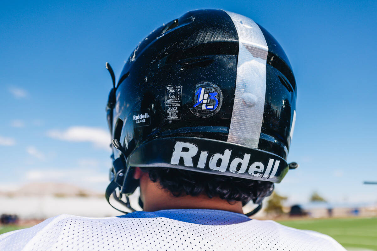 A Desert Pines football helmet is seen during a practice at Desert Pines High School on Wednesd ...