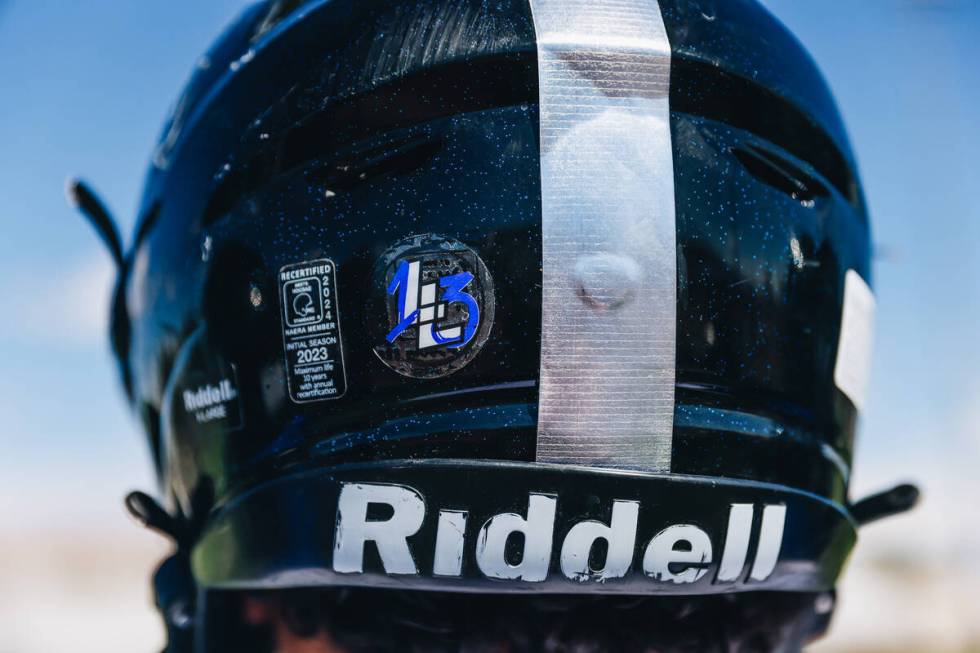 A Desert Pines football helmet is seen during a practice at Desert Pines High School on Wednesd ...