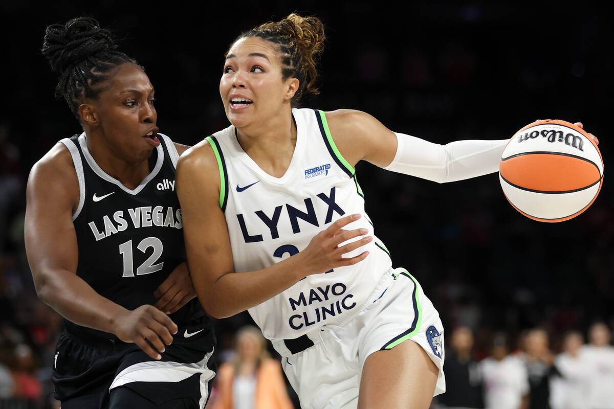 Minnesota Lynx forward Napheesa Collier (24) drives toward the hoop against Las Vegas Aces guar ...