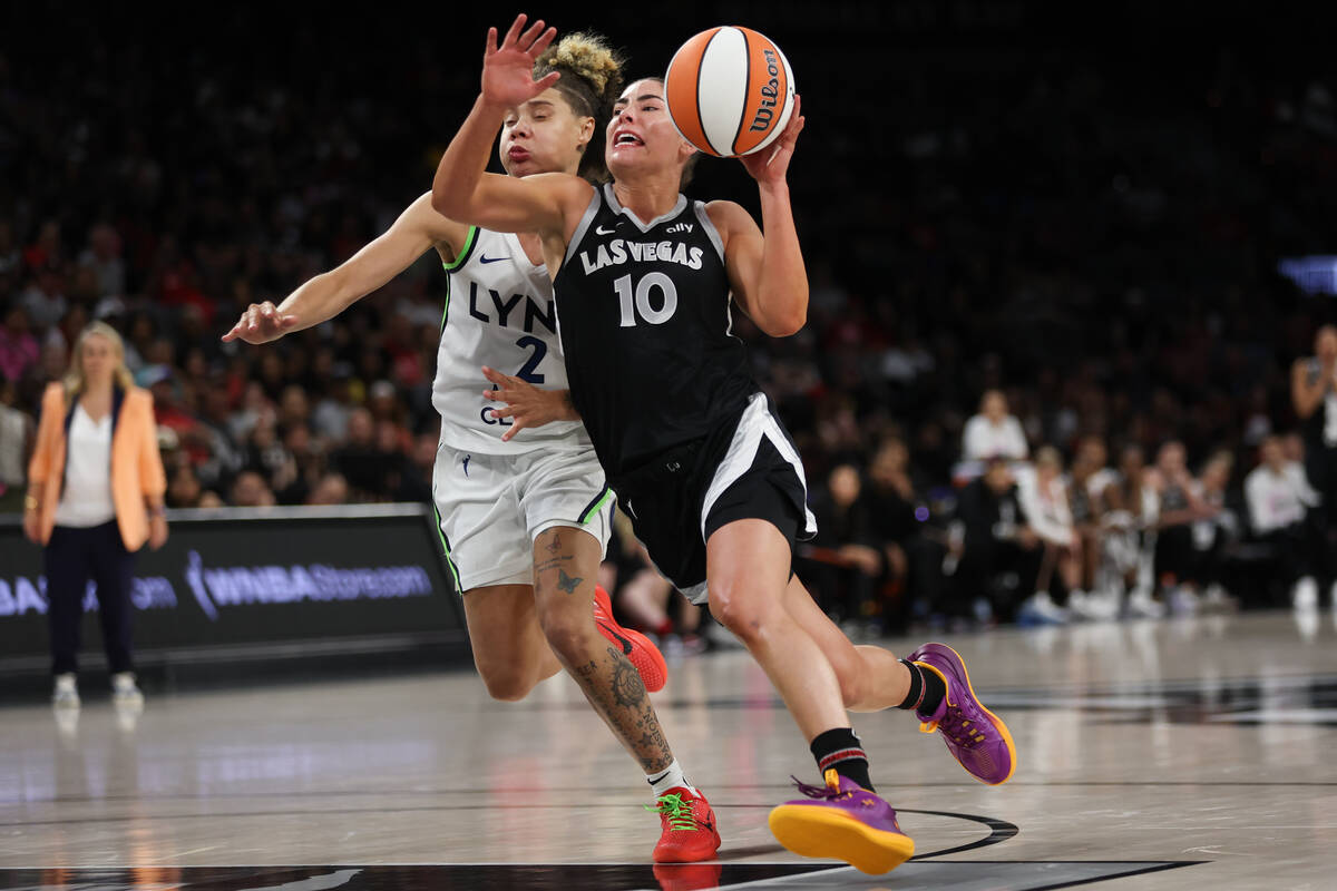 Las Vegas Aces guard Kelsey Plum (10) drives toward the hoop against Minnesota Lynx guard Natis ...