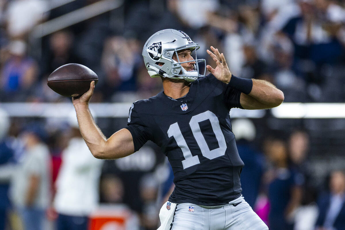 Raiders quarterback Nathan Peterman (10) gets off a pass as they face the Dallas Cowboys for th ...