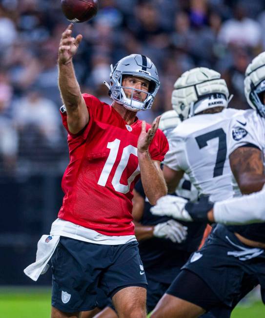 Raiders quarterback Nathan Peterman (10) gets off a pass during an open practice at Allegiant S ...