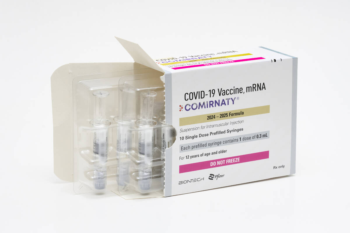 This photo provided by Pfizer in August 2024 shows a packaging for the company's updated COVID ...