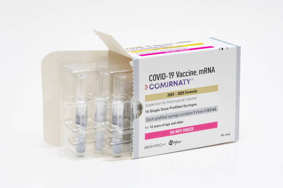 This photo provided by Pfizer in August 2024 shows a packaging for the company's updated COVID ...