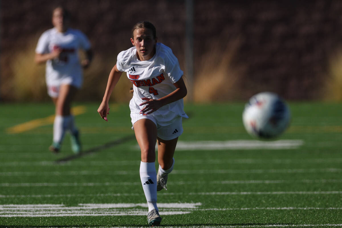 Bishop Gorman’s Gianna Tomasello advances toward the ball during a high school soccer ga ...