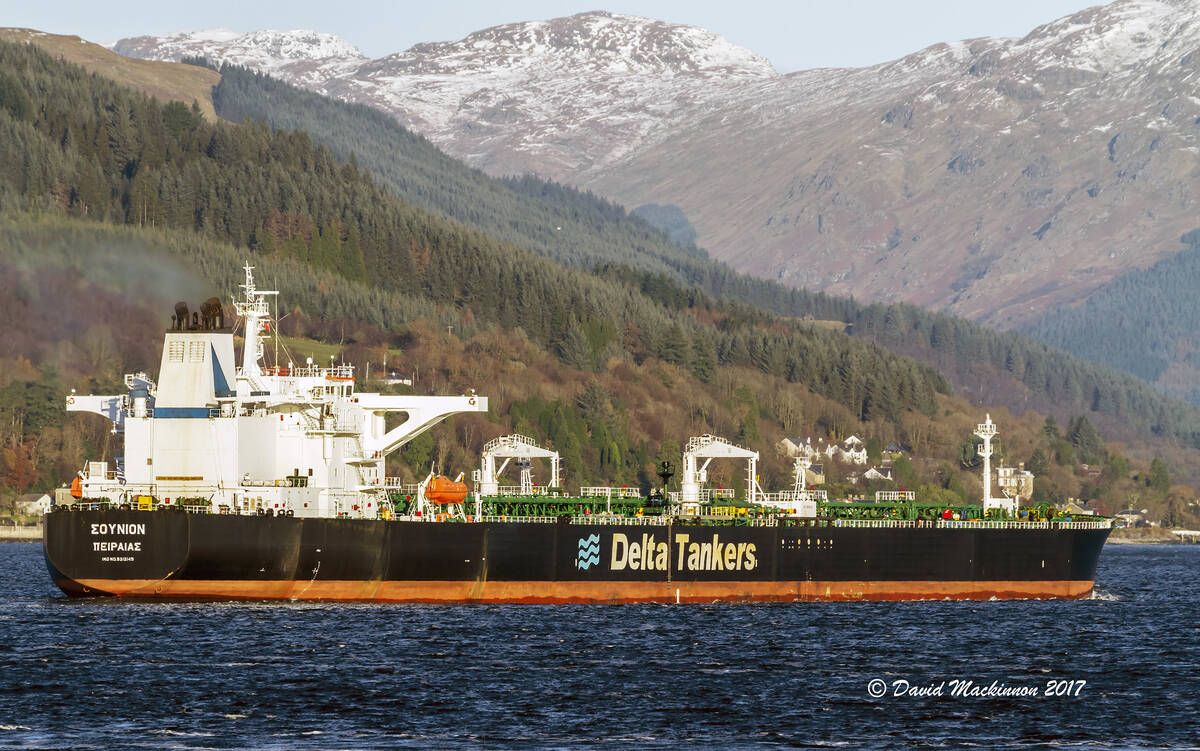 The Greek-flagged oil tanker Sounion is seen heading into the Finnart Ocean Terminal in the Uni ...