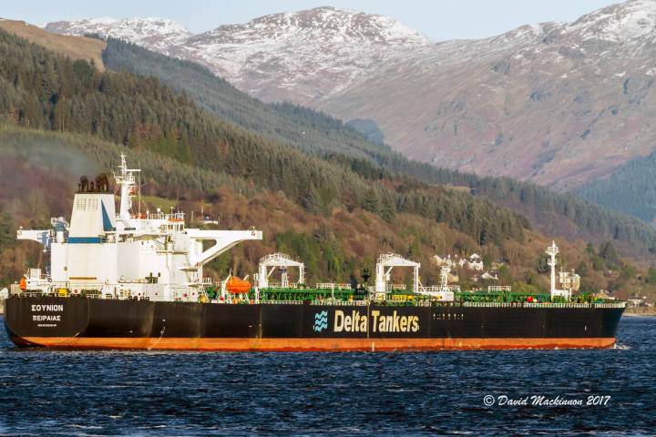 The Greek-flagged oil tanker Sounion is seen heading into the Finnart Ocean Terminal in the Uni ...