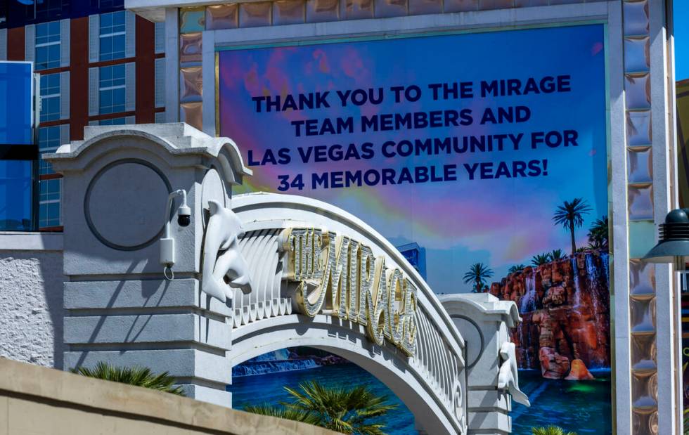 A thank you sign is posted near the entrance as demolition continues at the Mirage on Thursday, ...