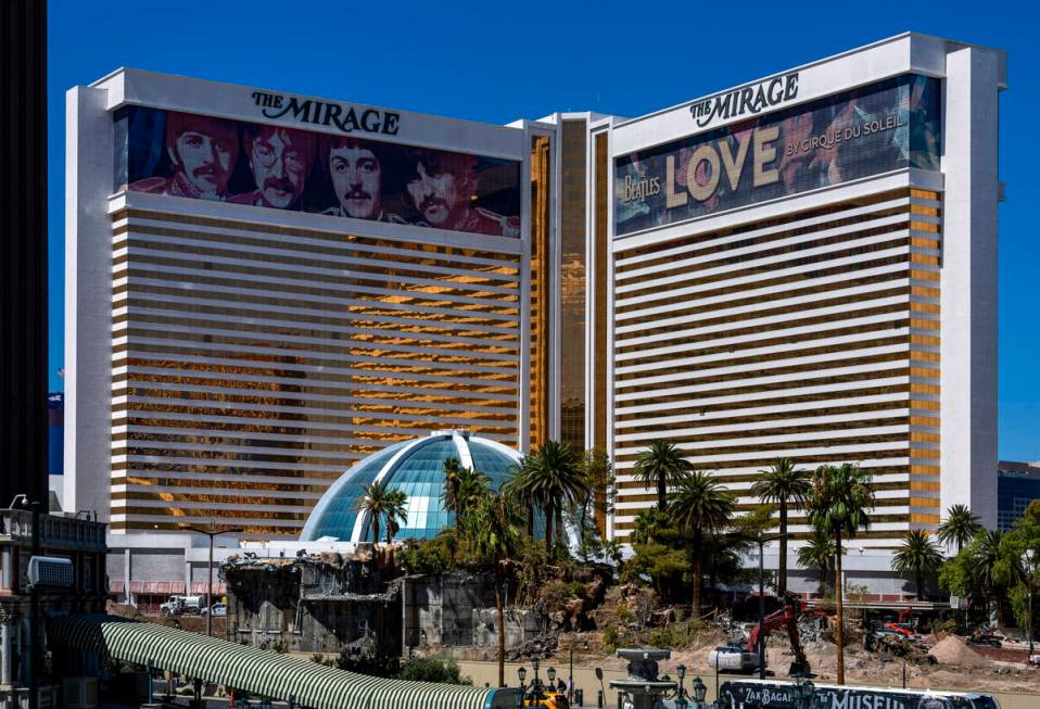 The volcano area is deconstructed as demolition continues at the Mirage on Thursday, Aug. 22, 2 ...