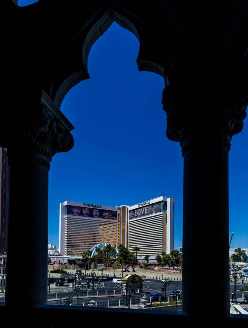 Viewed from the Venetian, the volcano area is deconstructed as demolition continues at the Mira ...