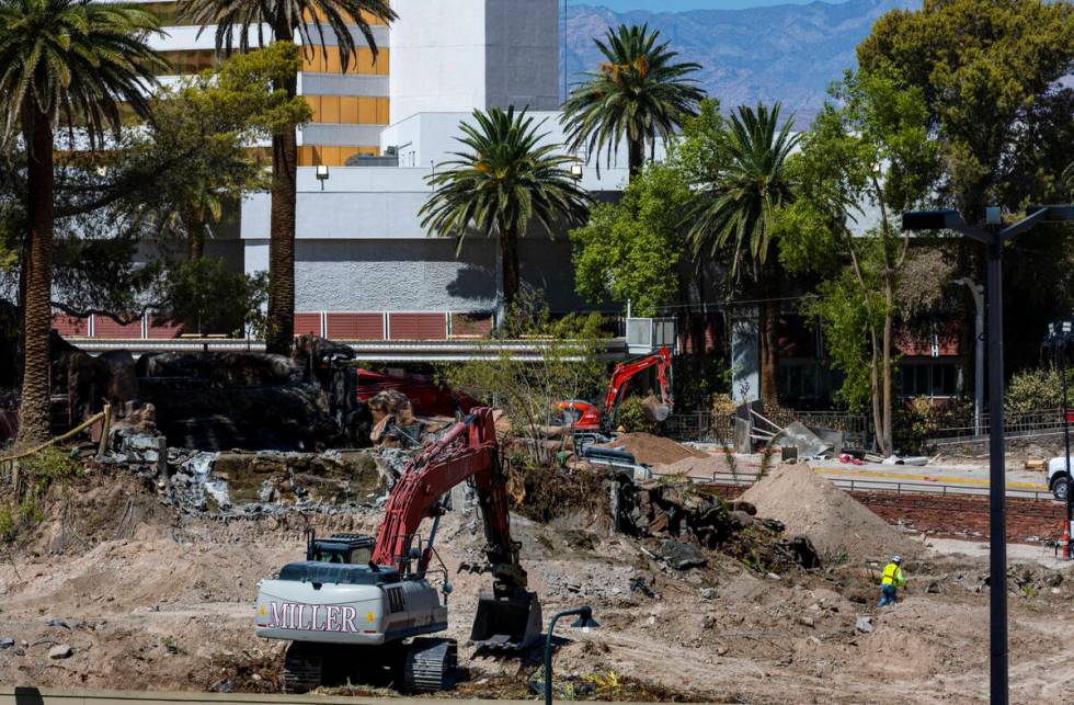 The volcano area is deconstructed as demolition continues at the Mirage on Thursday, Aug. 22, 2 ...