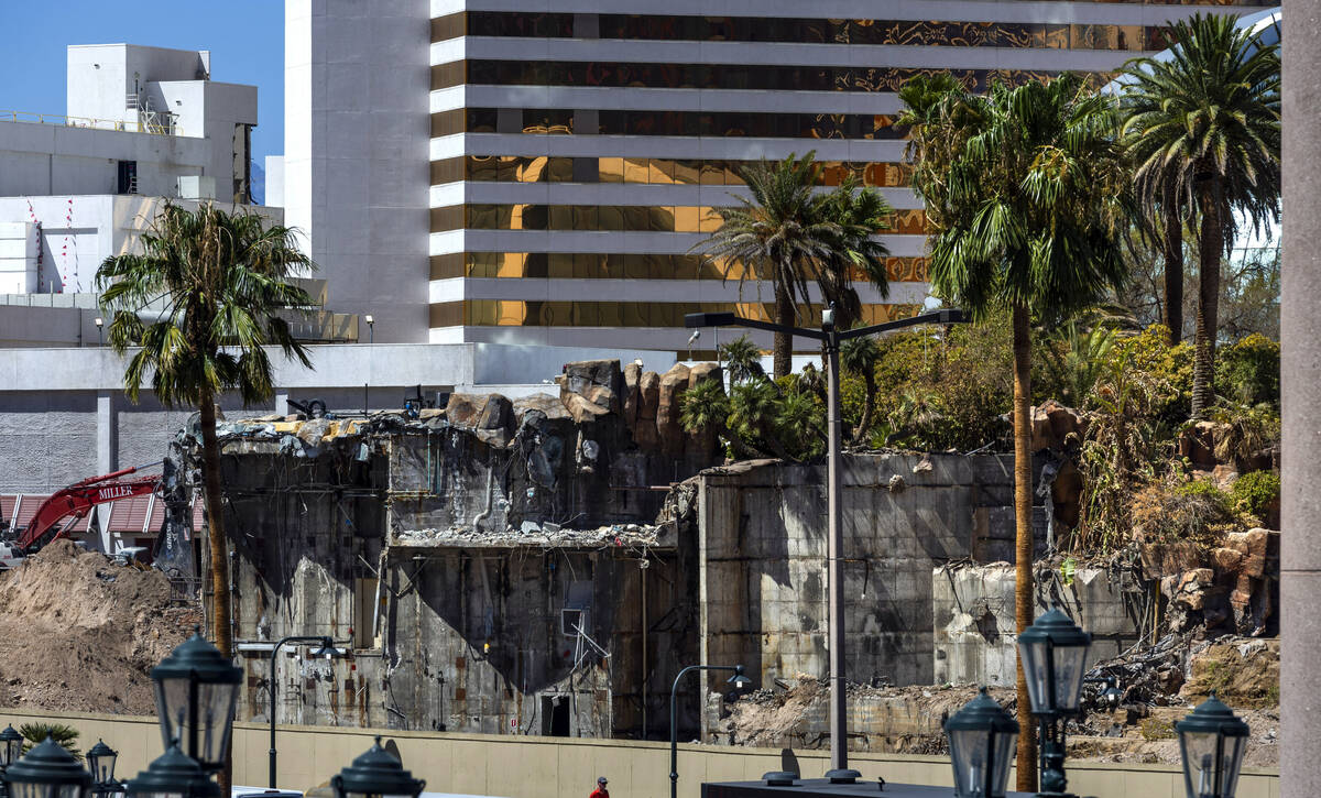 The volcano area is deconstructed as demolition continues at the Mirage on Thursday, Aug. 22, 2 ...