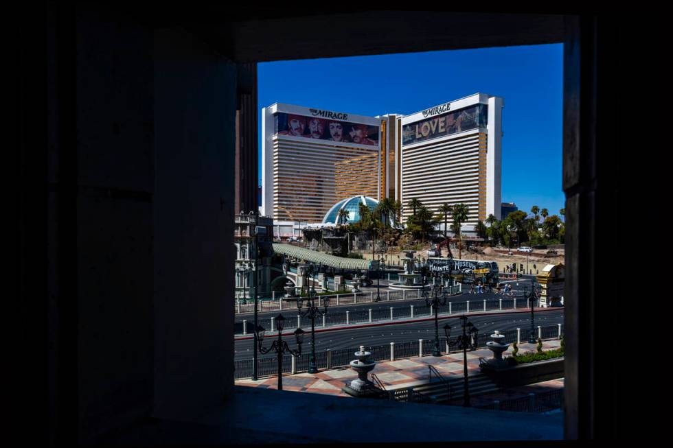 Viewed from the Venetian, the volcano area is deconstructed as demolition continues at the Mira ...