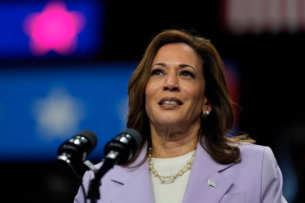 Democratic presidential nominee Vice President Kamala Harris speaks at a campaign rally, Saturd ...