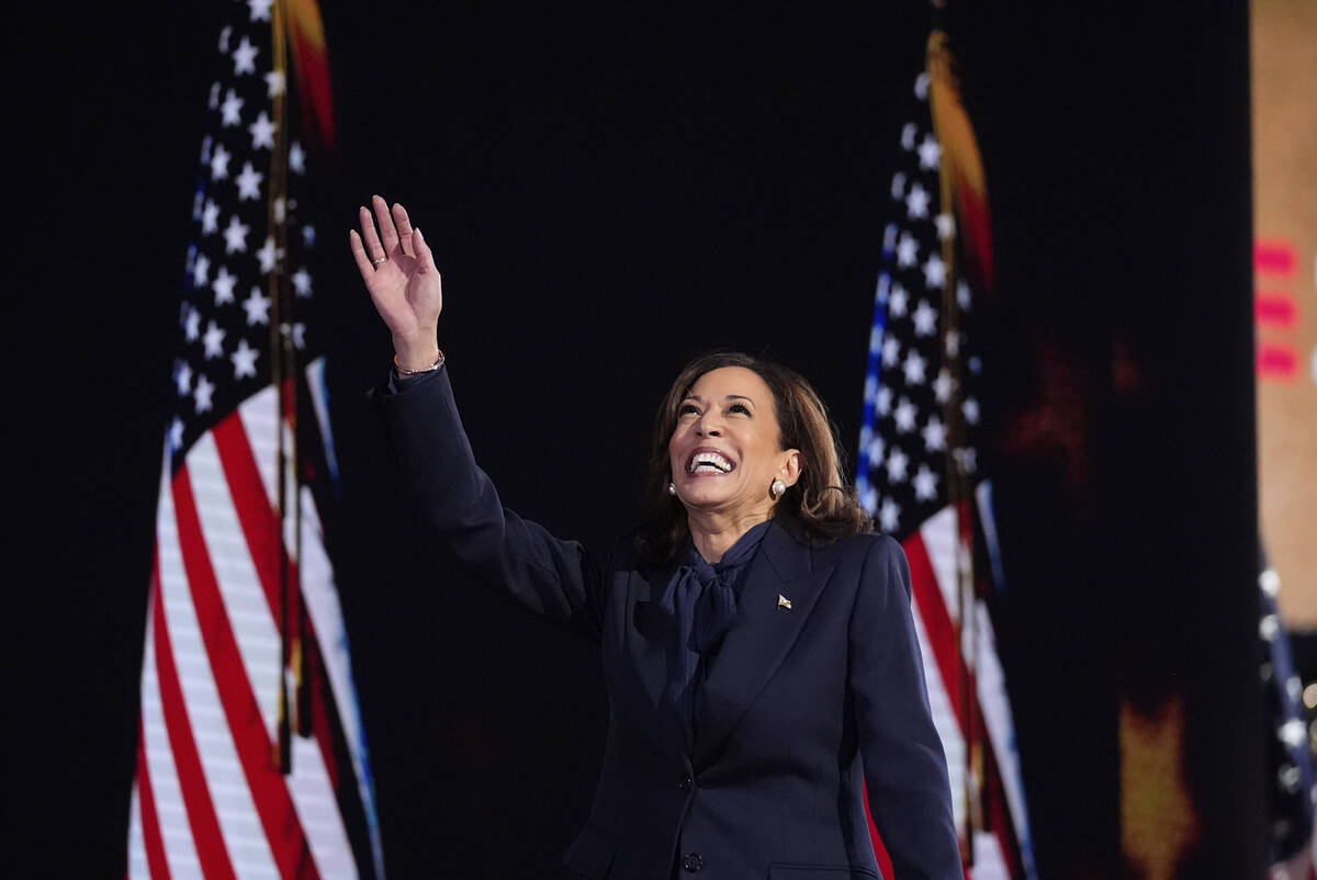 Democratic presidential nominee Vice President Kamala Harris speaks during the Democratic Natio ...