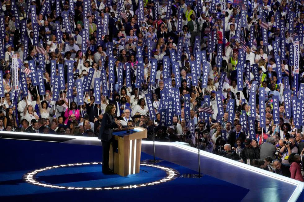 Demoratic presidential nominee Vice President Kamala Harris speaks during the Democratic Nation ...